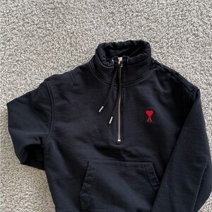 Ami Black Half-Zip Sweatshirt with Red Emblem